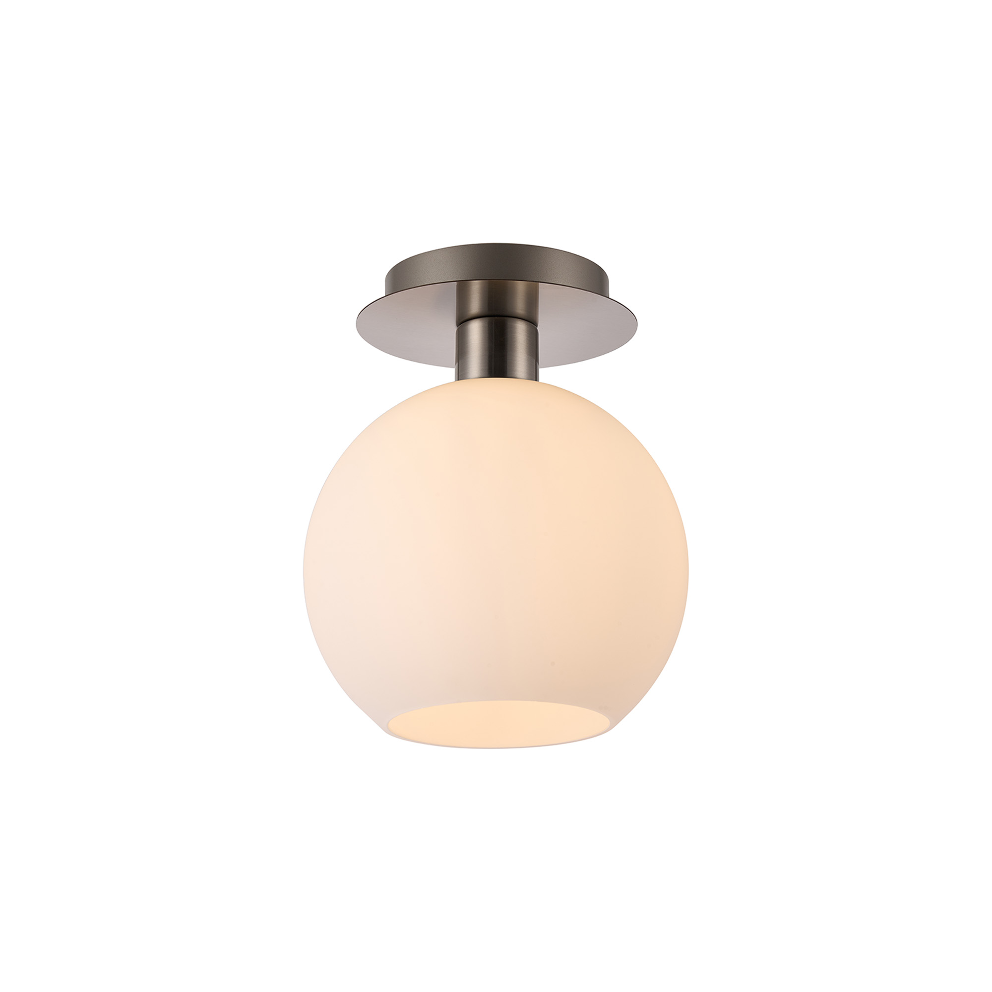 DK1418  Lori 15cm Round Ceiling Flush, 1 Light Flush Fitting E27, Satin Nickel/Opal Open Mouth Round Globe Shades
